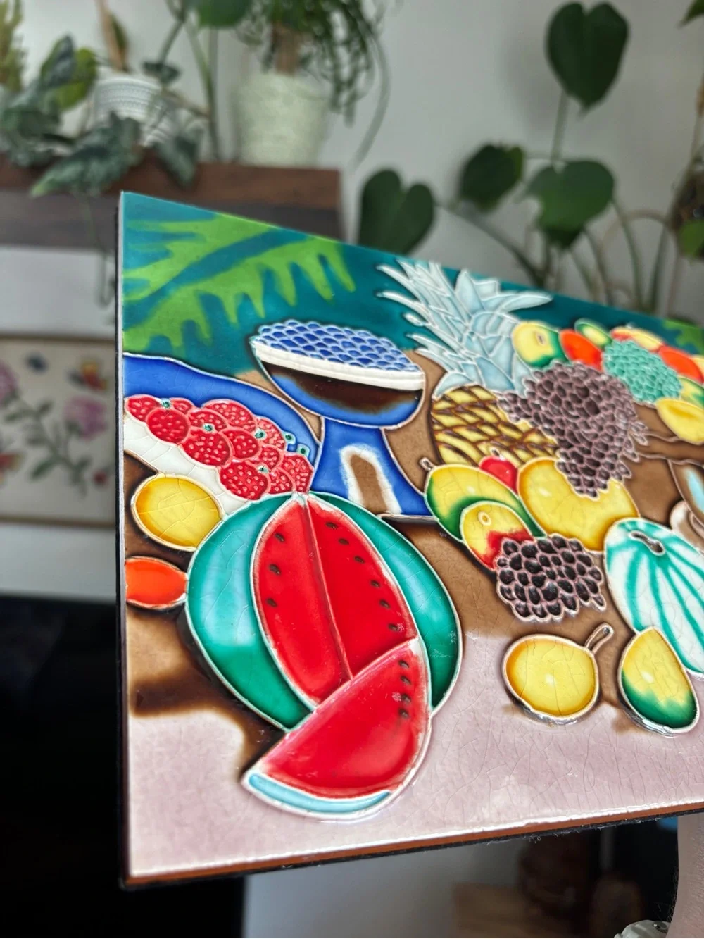 EUC Vintage Hand-Painted Ceramic Tile Tropical Fruit Retro Artwork / Wall Art